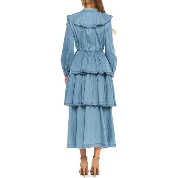 TOV NWT‎ Blue Distressed Victorian Tie Neck Ruffle Tiered Denim Dress Size XL - Picture 3 of 13